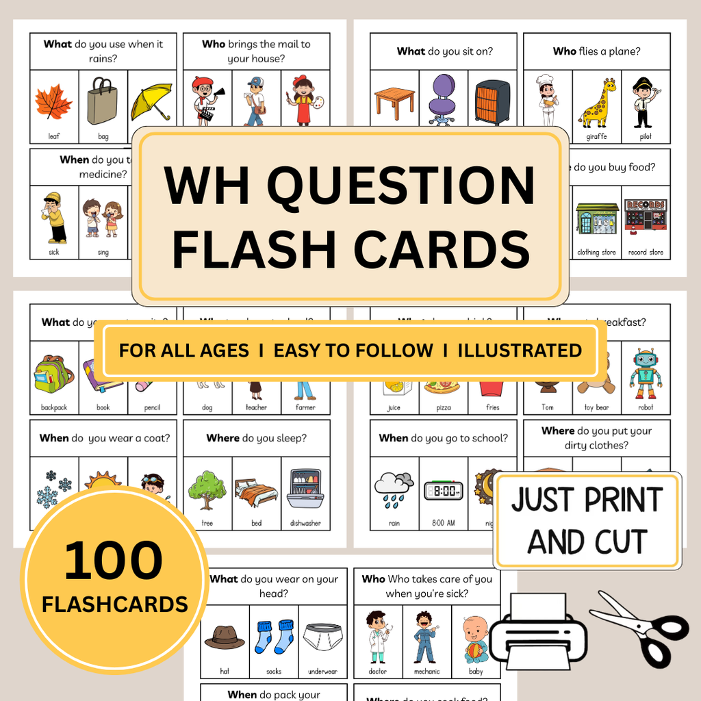 100 WH Question Flash Cards, Printable Speech Resource