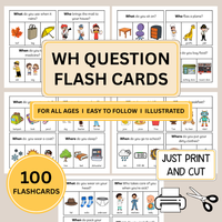 100 WH Question Flash Cards, Printable Speech Resource