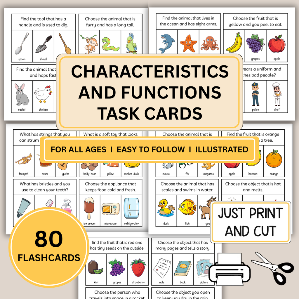 Characteristics & Functions Task Cards for Speech Therapy, 80 Cards