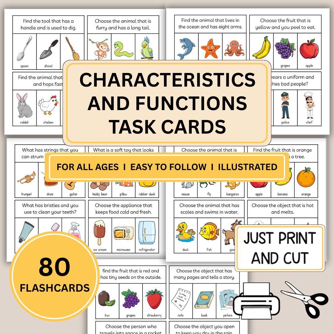 Characteristics & Functions Task Cards for Speech Therapy, 80 Cards