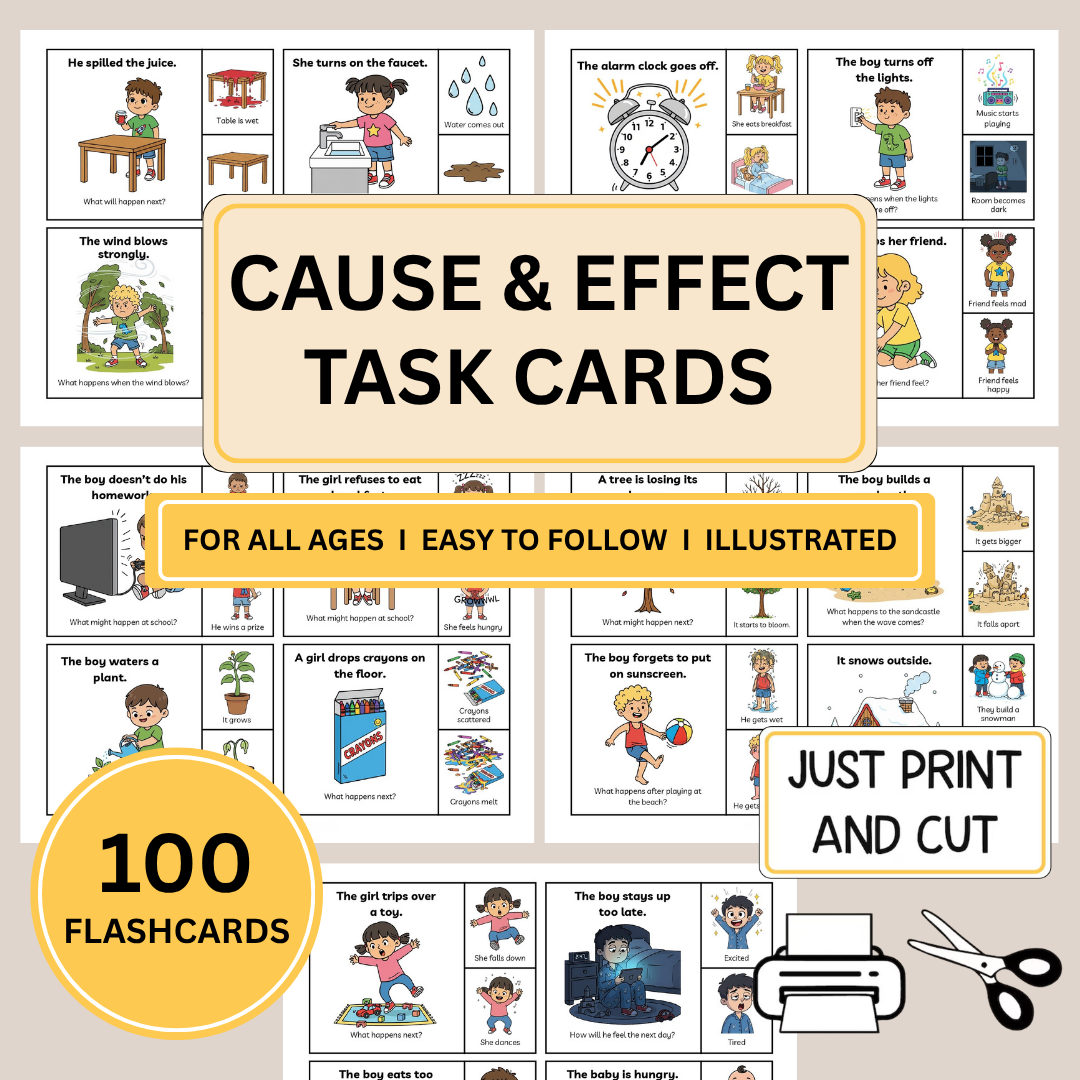 Cause and Effect Task Cards Printable; Reading Comprehension Activity; Making Inferences; Speech Therapy Task Cards; Special Education