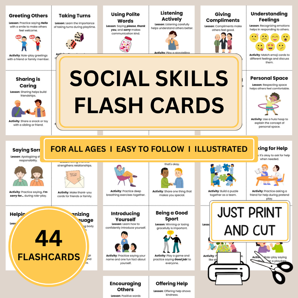 Social Skills Flashcards for Kids Worksheets Coping Strategies Workbook, Team Building Activities, Printable Cards