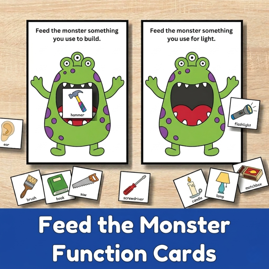 Feed the Monster Functions Task Cards Game, Speech Learning Activity, Instant Download
