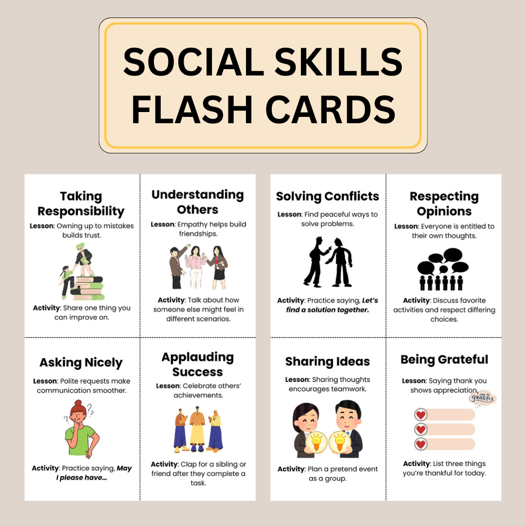 Social Skills Flashcards for Kids Worksheets Coping Strategies Workbook, Team Building Activities, Printable Cards
