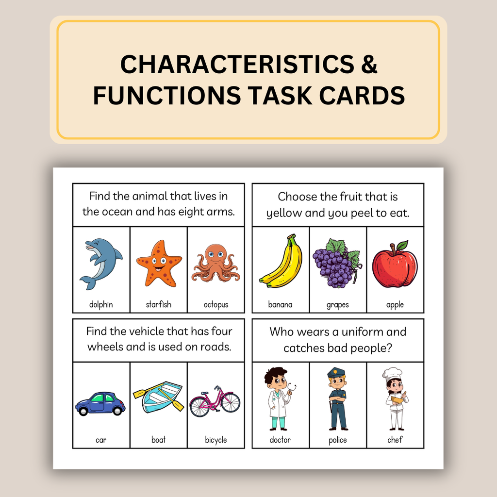 Characteristics & Functions Task Cards for Speech Therapy, 80 Cards