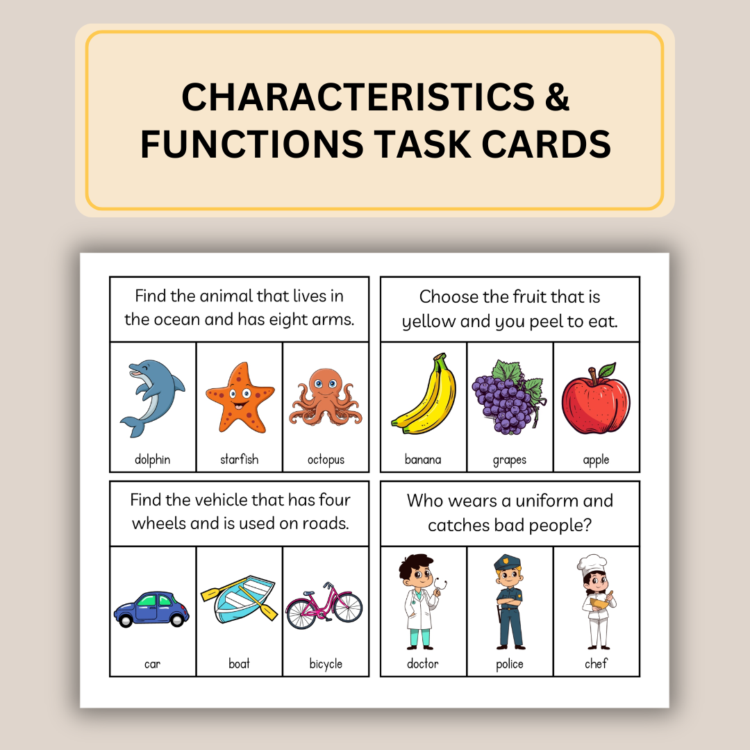 Characteristics & Functions Task Cards for Speech Therapy, 80 Cards