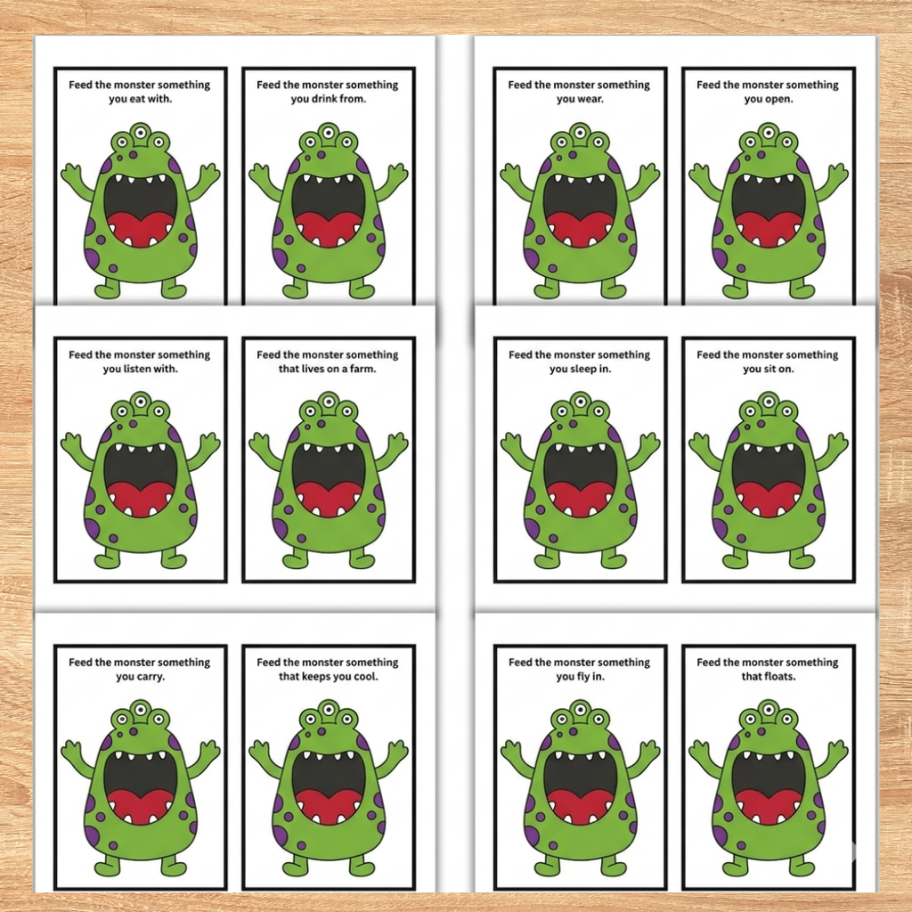 Feed the Monster Functions Task Cards Game, Speech Learning Activity, Instant Download