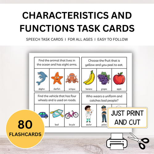 Characteristics & Functions Task Cards for Speech Therapy, 80 Cards