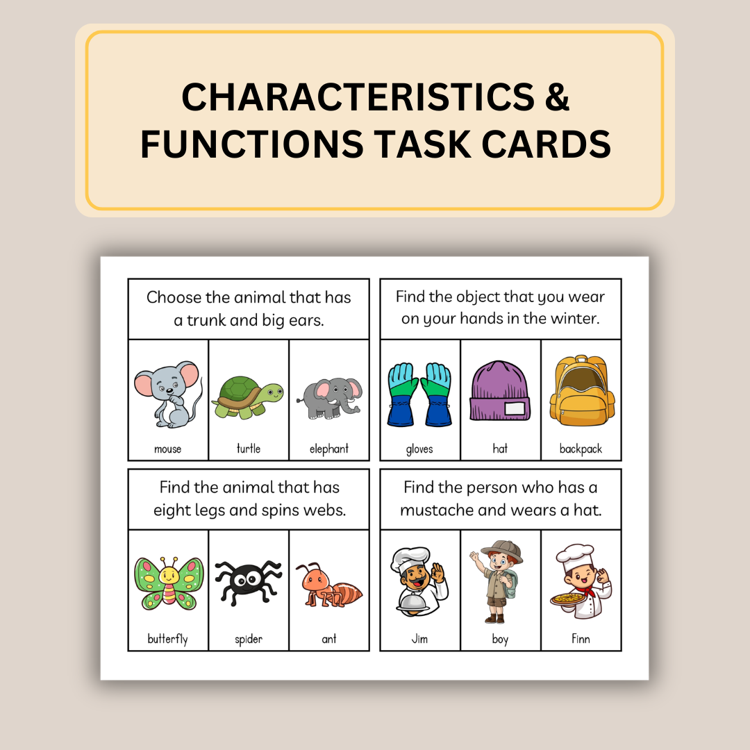 Characteristics & Functions Task Cards for Speech Therapy, 80 Cards