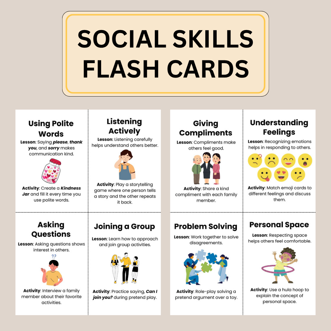 Social Skills Flashcards for Kids Worksheets Coping Strategies Workbook, Team Building Activities, Printable Cards