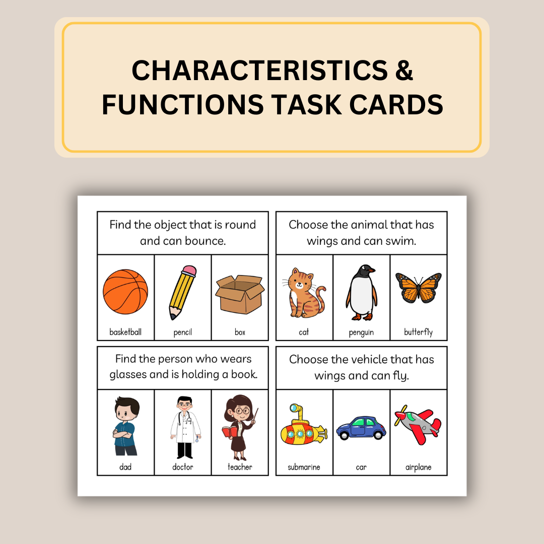 Characteristics & Functions Task Cards for Speech Therapy, 80 Cards